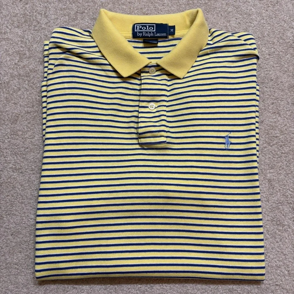 Polo Ralph Lauren Polo Shirt Mens Medium Yellow Blue Stripe Pique Cotton